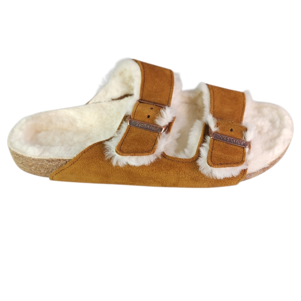 Birkenstock Arizona Shearling-Lined Sandals Mink Suede Natural Shearling 41 10 8 - Picture 2 of 8